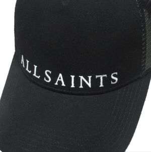 Allsaints Script Embroidered Logo 6 Panel Unisex Baseball Cap Dark Black